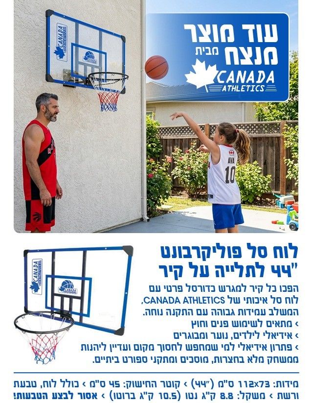 לוח סל לתלייה על הקיר פוליקרבונט לקיר 112x73 סמ 44 CANADA