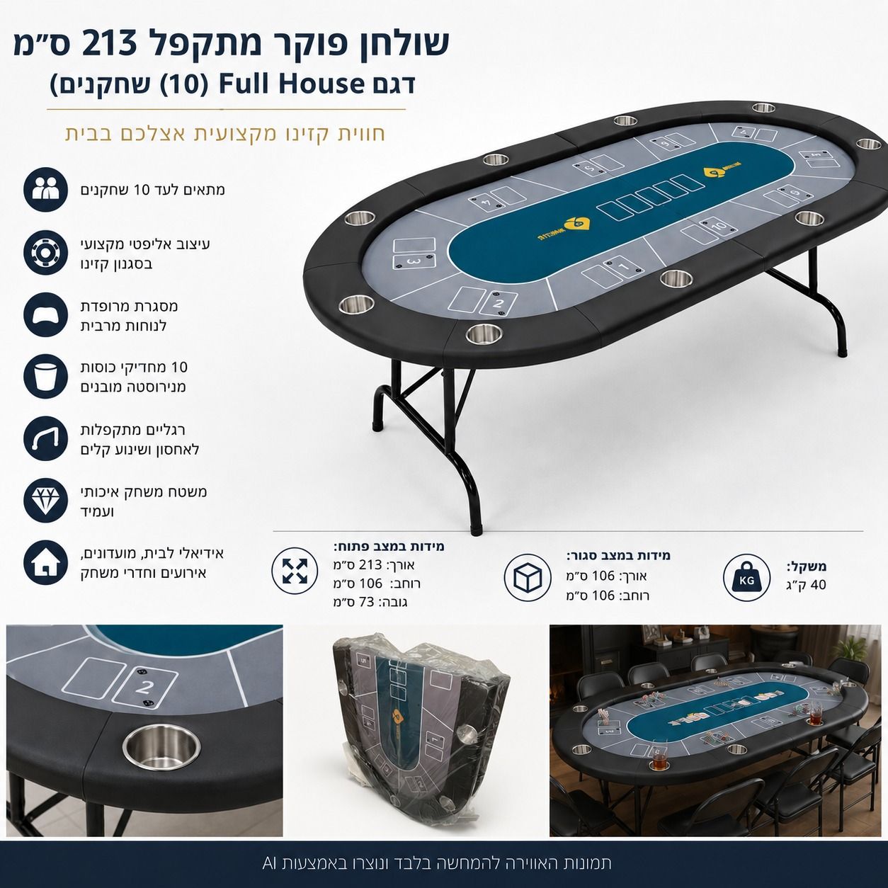 שולחן פוקר מתקפל 213 סמ דגם פול האוס Full House (עד 10 שחקנים)